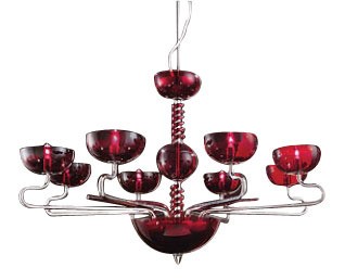 Italian Germini Eight Light Glass Chandelier in Red Fiorentino